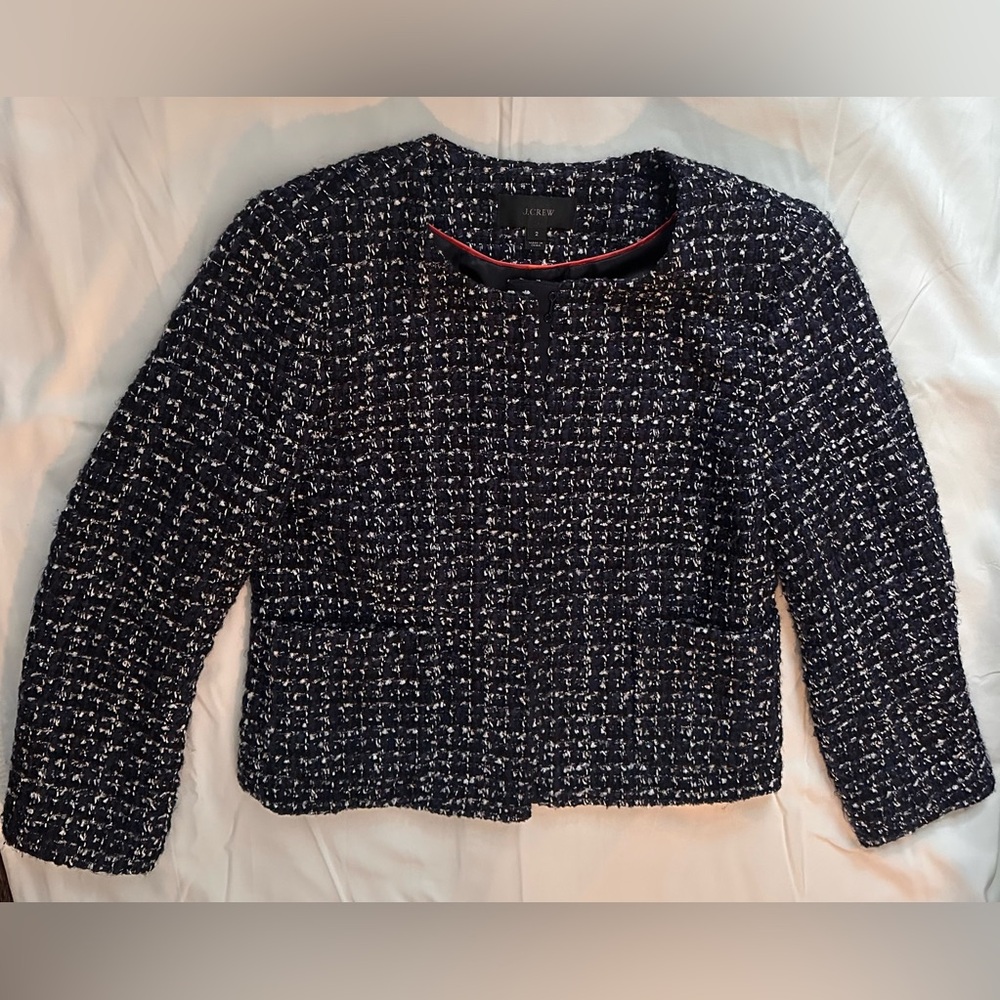 J Crew Navy Boucle Metallic Tweed Wool Blend Cropped Cardigan Sweater Size 2